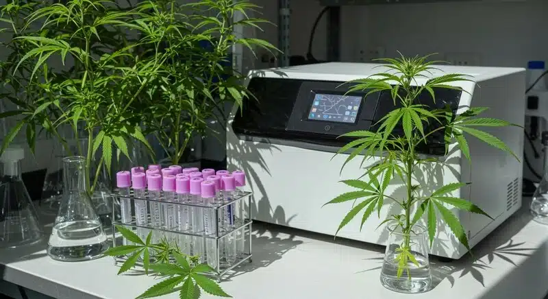 Plantas de cannabis y equipo de laboratorio utilizados en secuenciación NGS para estudiar ADN, identificar variedades y analizar perfiles genéticos avanzados.