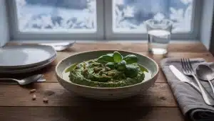 Plato de pesto de cannabis con aceite de oliva y piñones servido en mesa rústica.