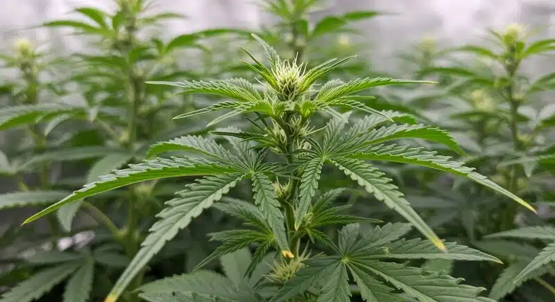 Planta de Early Skunk x Cinderella 99 en floración temprana con cogollos jóvenes en cultivo interior.