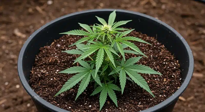 Cultivo de Exodus Cheese x Blue Head Band en maceta con sustrato aireado, una planta compacta y saludable con primeros cogollos en desarrollo durante la fase de floración.