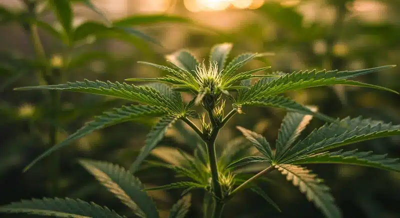 Planta de cannabis saludable con altos niveles de Brix en cultivo profesional.
