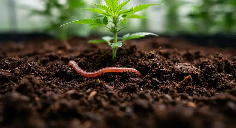 Lombriz de tierra mejorando el sustrato orgánico en cultivo de Exodus Cheese durante la fase vegetativa.