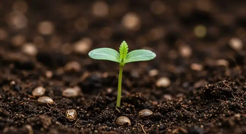 Critical Jack plántula cannabis germinación en suelo fértil.