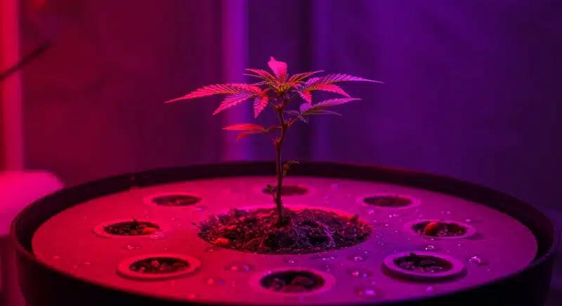 Planta joven de cannabis Critical Widow cultivada bajo luces LED en sistema hidropónico, con crecimiento compacto y hojas saludables.