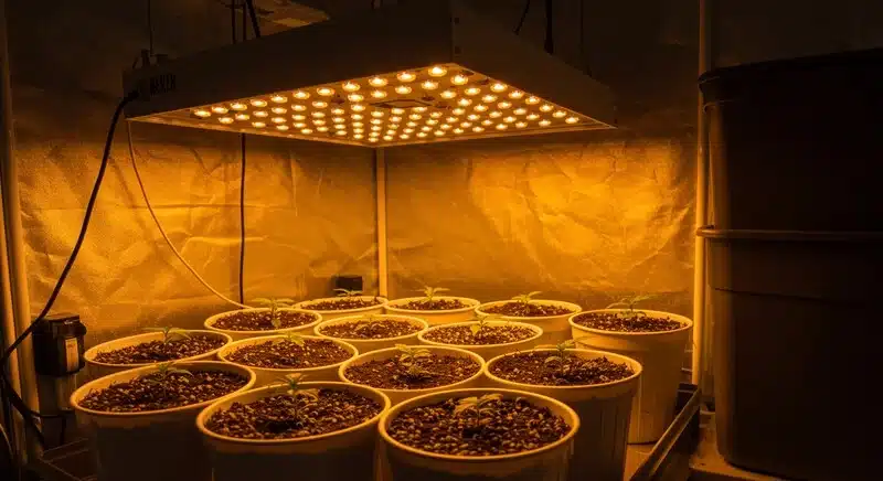 Cultivo interior de cannabis Critical x Green Crack con plántulas jóvenes bajo panel LED cálido, favoreciendo un crecimiento temprano compacto y saludable.