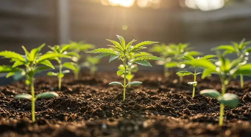 Plántulas de Critical x Somango creciendo en suelo orgánico durante la fase vegetativa temprana del cannabis.