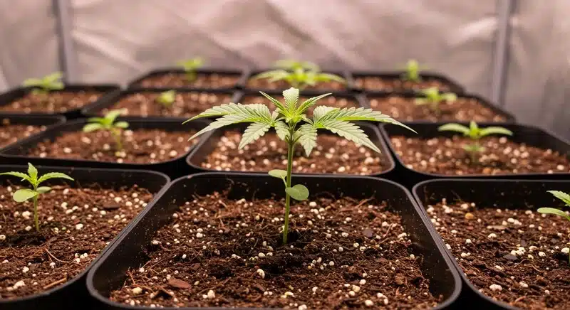 Plántulas de Early Skunk x Rosetta Stone creciendo en macetas durante la fase inicial del cultivo interior.