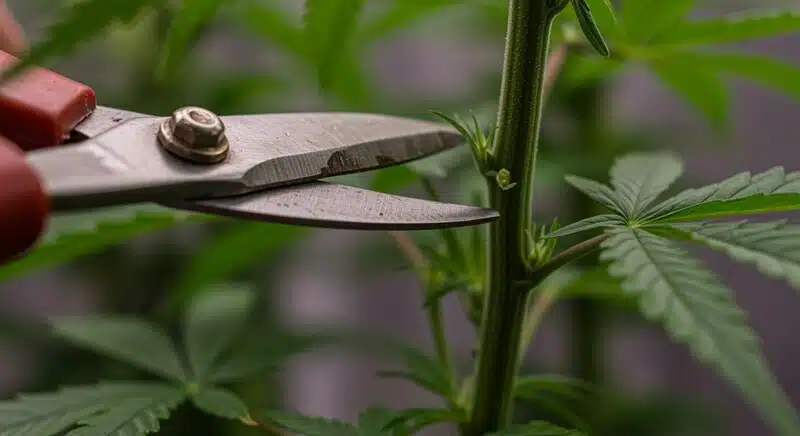 Técnica de poda en una planta de Dama Blanca utilizando tijeras de cultivo para favorecer la ventilación, el desarrollo lateral y una floración más uniforme en cannabis.