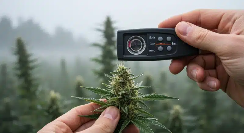Uso profesional del refractómetro Brix en cannabis para maximizar rendimiento, calidad de cosecha, producción de terpenos y beneficios en cultivos comerciales.
