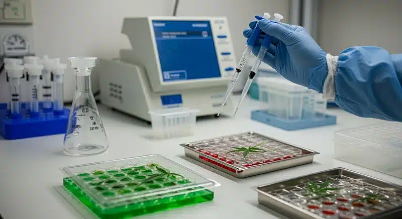 Técnico realizando análisis genético en muestras de cannabis para confirmar la autenticidad de variedades, detectar estabilidad genética y validar perfiles de cultivo.