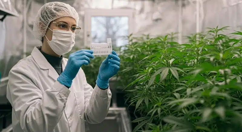 Científica realizando pruebas de ADN en plantas de cannabi.