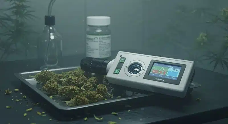 Refractómetro digital utilizado para analizar niveles de Brix en flores de cannabis, ayudando a evaluar azúcares, salud vegetal y eficiencia nutricional en el cultivo.