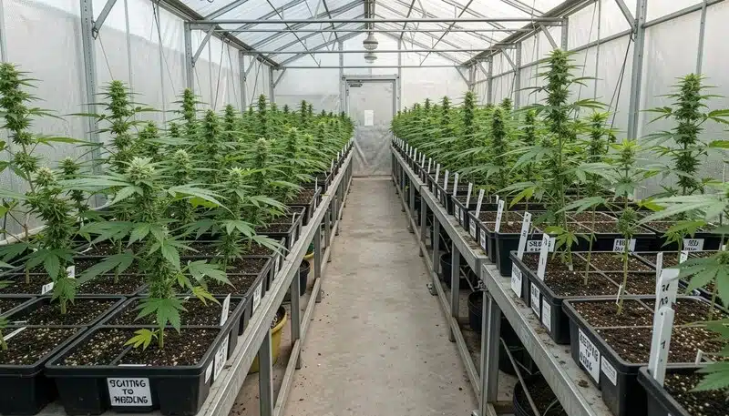 Semillas de cannabis mal etiquetadas en sala de cultivo interior.