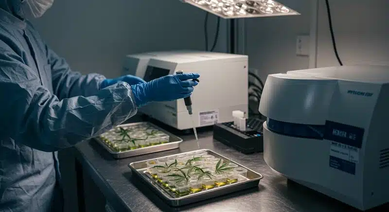 Laboratorio especializado realizando pruebas genéticas en cannabis para seleccionar semillas con rasgos estables, resistencia a enfermedades y perfiles cannabinoides consistentes.
