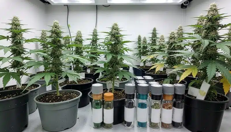 Plantas de cannabis junto a muestras y frascos de laboratorio utilizados para verificar genéticas y confirmar si una semilla de cannabis está correctamente etiquetada.