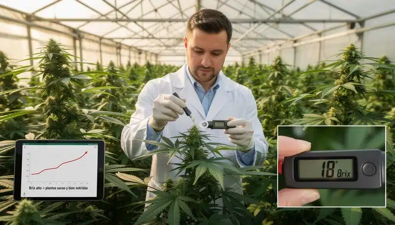 Medición de Brix en cannabis en cultivo comercial con análisis de rendimiento.