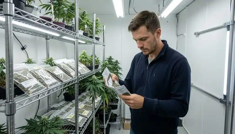 Técnico revisando variedades de cannabis en sala de cultivo para procesos de mejoramiento genético, identificación molecular y control de estabilidad genética.