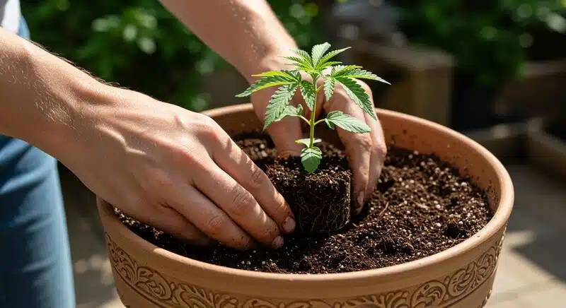 Trasplante de Crystal Candy Auto a maceta grande con sustrato nutritivo para mejorar el crecimiento radicular.