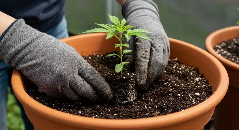 Cultivador realizando el trasplante de una planta joven de Critical x Somango en una maceta con tierra rica en nutrientes, favoreciendo un desarrollo radicular fuerte.