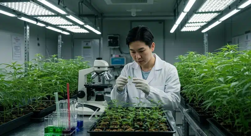 Investigador realizando estudios genéticos en plantas de cannabis para garantizar trazabilidad varietal, control de calidad y estabilidad genética en producción profesional.