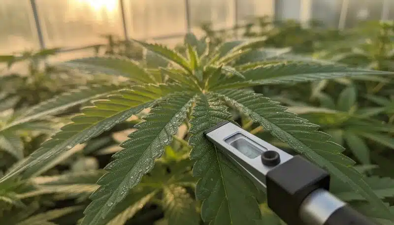 Uso de refractómetro en cultivo de cannabis en invernadero. Las lecturas de Brix permiten ajustar riego, fertilización y clima en tiempo real para mejorar la producción.