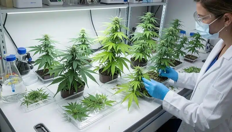 Investigadora analizando distintas plantas de cannabis en laboratorio para identificar diferencias genéticas, estructura de crecimiento y rasgos fenotípicos entre índica y sativa.