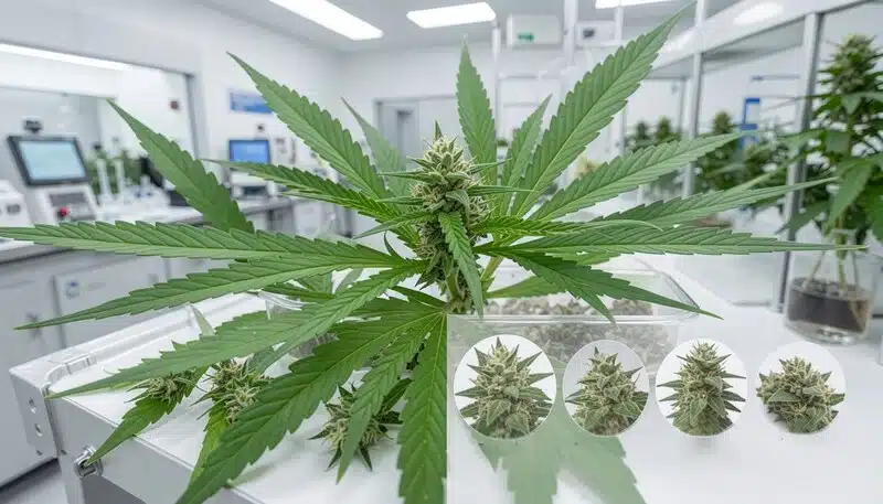 Planta de cannabis analizada en laboratorio para confirmar variedades mediante ADN, comparando características genéticas y perfiles fenotípicos de distintas cepas.