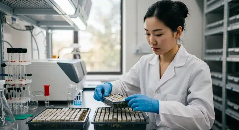 Investigadora realizando análisis de muestras de cannabis para comprobar la precisión del etiquetado genético y la estabilidad de las semillas comerciales.