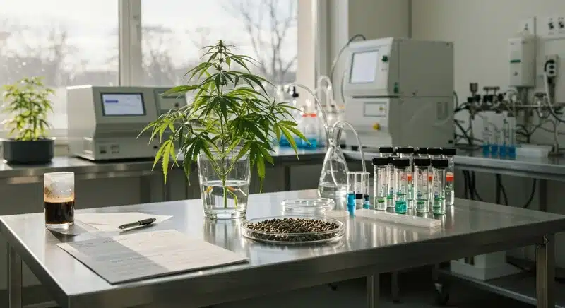 Instalación científica con muestras de cannabis y equipos de laboratorio empleados para verificar genéticamente semillas y asegurar perfiles cannabinoides y rasgos estables.