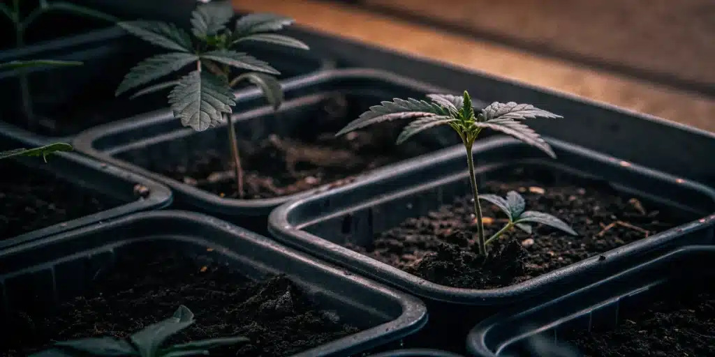 plántulas de Grapefruit Auto recién desarrolladas en bandejas de cultivo con sustrato oscuro