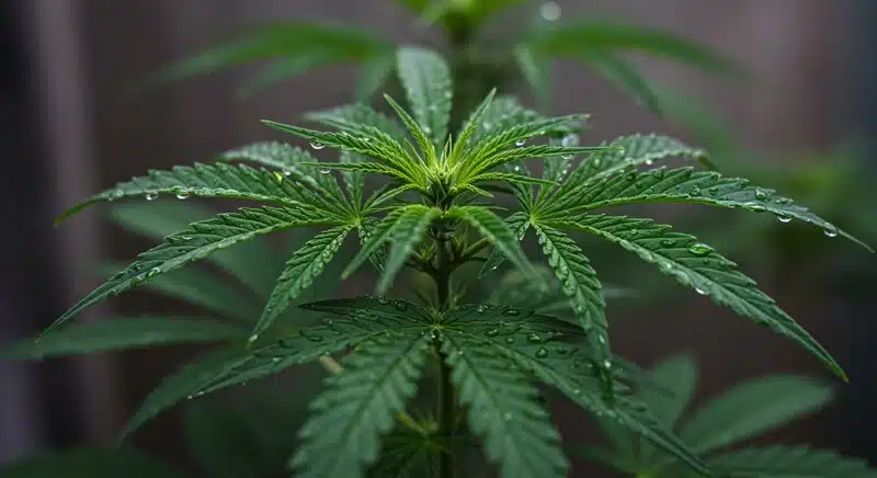 Planta joven de Early Skunk x Northern Lights con hojas cubiertas de gotas de agua en fase vegetativa.