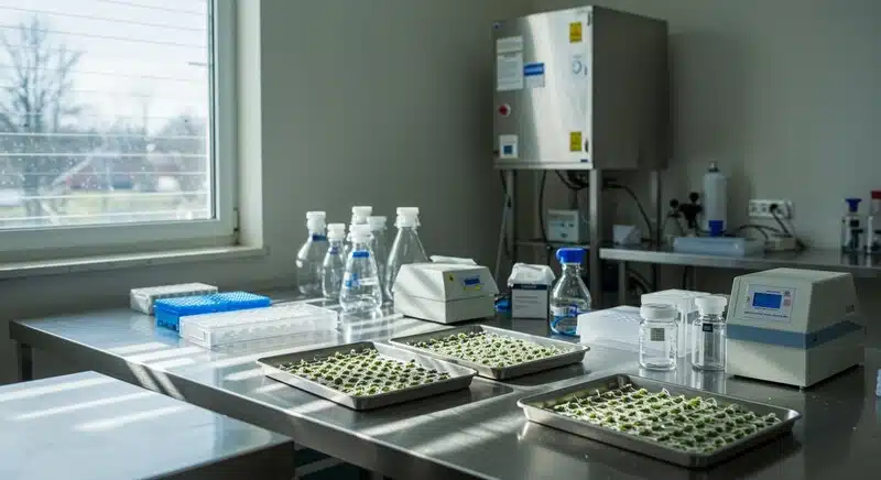 Instalación científica dedicada al análisis y mapeo genético de variedades de cannabis mediante pruebas moleculares y evaluación de perfiles cannabinoides y terpénicos.