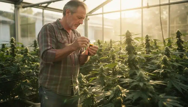 Cultivador usando refractómetro en un cultivo de cannabis en invernadero. Las lecturas de Brix permiten ajustar decisiones agronómicas para mejorar calidad y producción final.