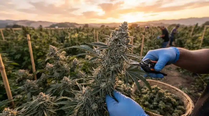 Cultivador recolectando cogollos de Alien Technology Regular durante la cosecha en un cultivo exterior. Flores maduras con abundante resina en una fase óptima para su recolección.