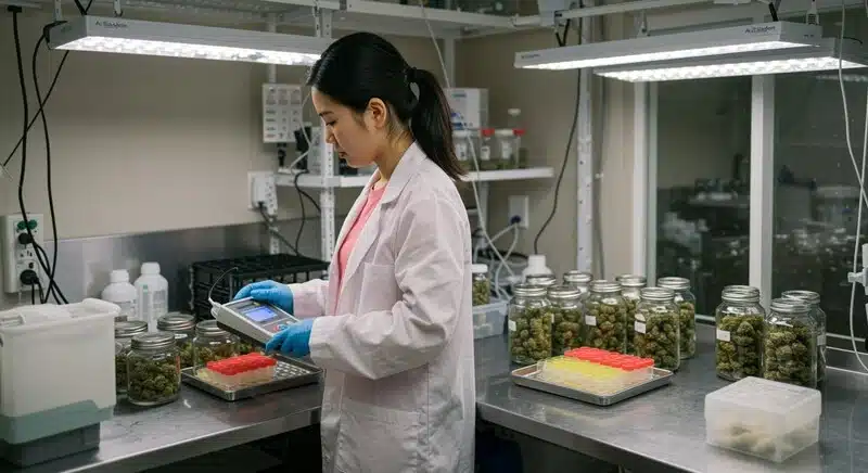 Técnica de laboratorio realizando controles de calidad en muestras de cannabis almacenadas en frascos de vidrio. 