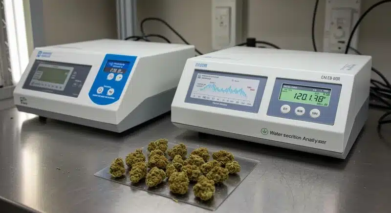 Cogollos de cannabis junto a instrumentos analíticos utilizados para estudiar la estabilidad química de las flores.