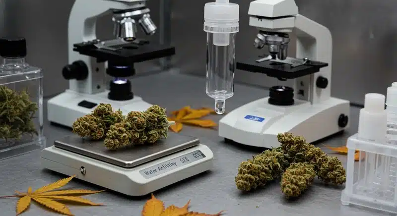 Flores de cannabis evaluadas con instrumentos científicos para medir estabilidad y calidad durante el almacenamiento.