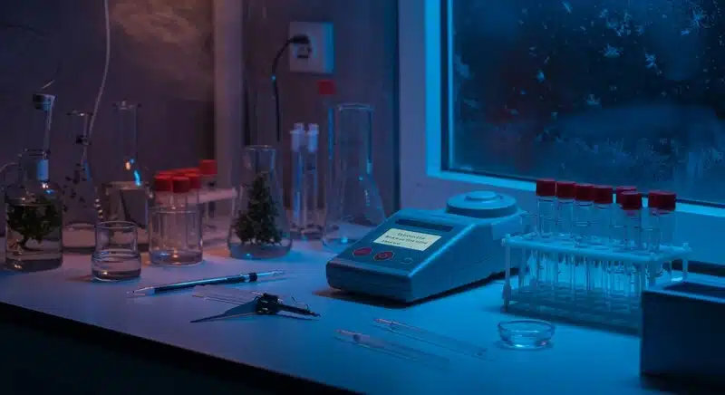 Equipos de laboratorio y muestras de cannabis utilizados para evaluar las condiciones de almacenamiento y curado. 