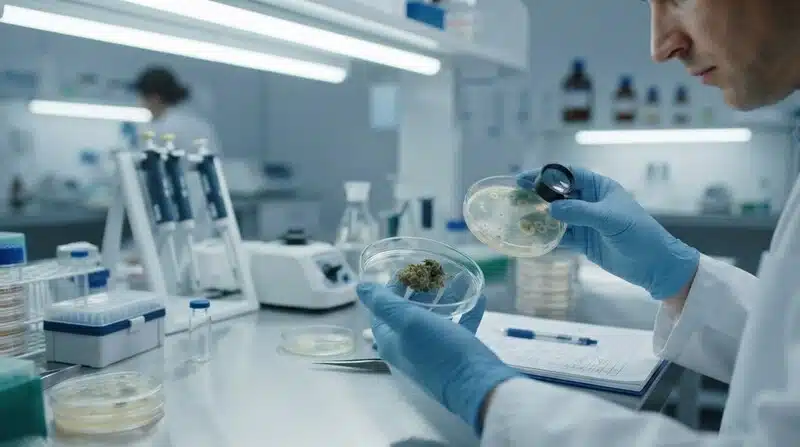 Técnico de laboratorio examinando una muestra de cannabis con placas de cultivo para identificar especies de Aspergillus frecuentes en cannabis.