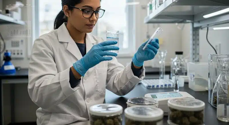 Técnica de laboratorio analizando muestras de cannabis para verificar la estabilidad de cannabinoides y otros parámetros de calidad.
