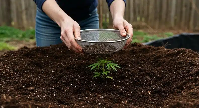 Aplicación de compost tamizado en cultivo de Fire OG para mejorar la calidad del sustrato orgánico.