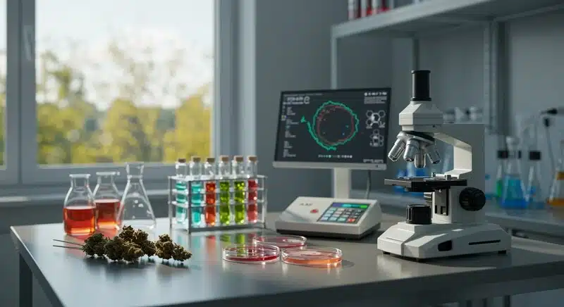 Laboratorio equipado con microscopio, reactivos y muestras de cannabis utilizadas para el desarrollo de productos infusionados.