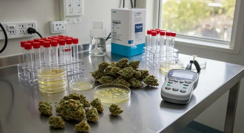 Muestras de cannabis y placas de análisis en laboratorio utilizadas para evaluar la calidad de las flores. Saber cuándo usar Bud Candy es importante durante la fase de floración