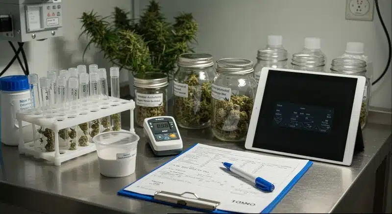 Muestras de cannabis, registros analíticos y equipos de medición empleados para controlar la conservación de cannabinoides. 