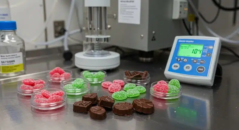 Muestras de gummies y chocolates de cannabis sometidas a pruebas de laboratorio para evaluar su conservación. 