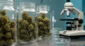 Degradación de cannabinoides por exposición a rayos UV en cogollos de cannabis almacenados en frascos transparentes.