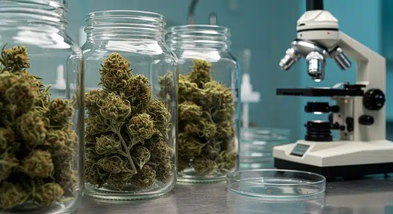 Degradación de cannabinoides por exposición a rayos UV en cogollos de cannabis almacenados en frascos transparentes.