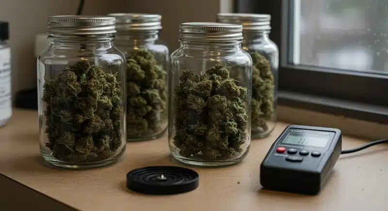 El THC de la degradación almacenando cogollos de cannabis en frascos de vidrio con humedad controlada.