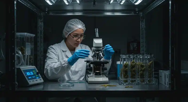 Genéticas de Cannabis para Climas Húmedos analizadas en laboratorio.