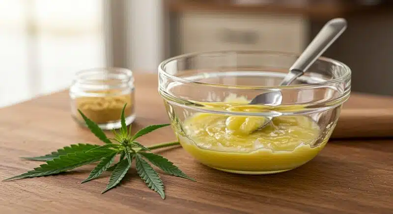Cuenco con cannabutter recién elaborada junto a una hoja de cannabis sobre una superficie de cocina. La mantequilla de cannabis puede utilizarse en numerosas recetas fáciles.